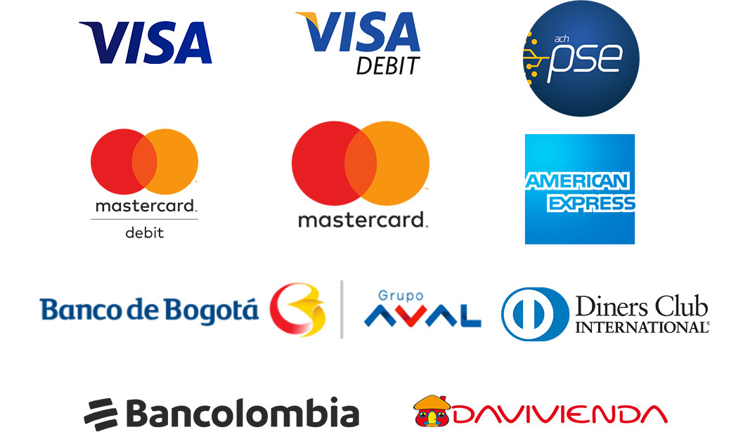 Métodos de Pago: Visa, Mastercard, PSE, American Express, Bancos